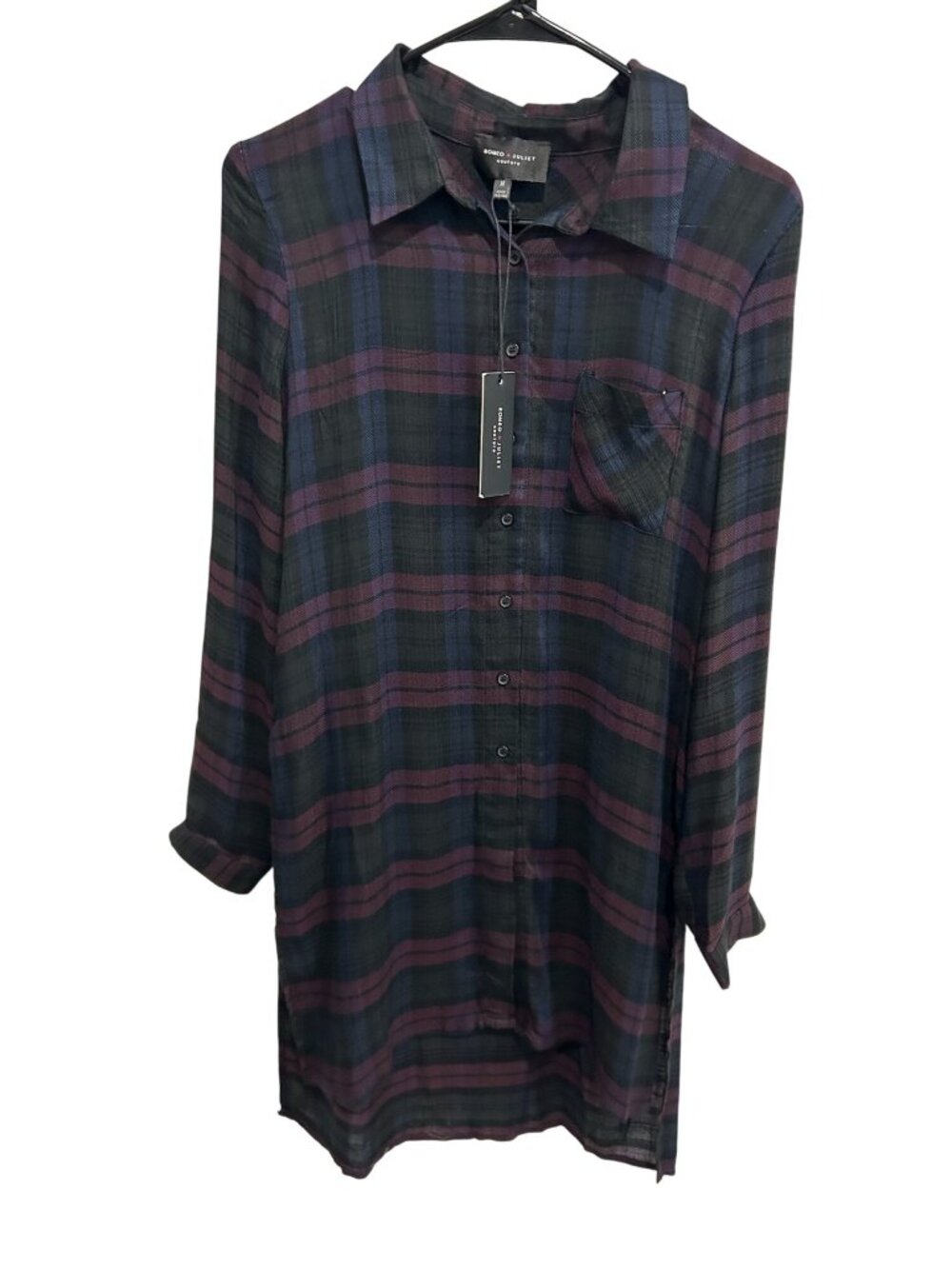 Romeo + Juliet Couture Plaid Button Down Shirt Dress Purple Blue Sz Medium NWT